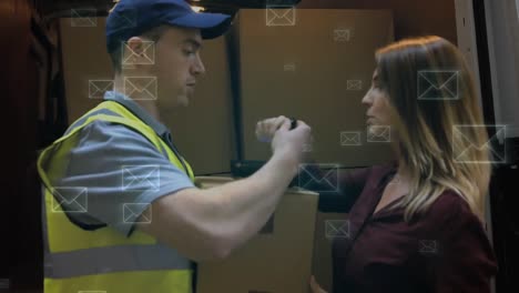 delivery man delivering a package to a woman and envelopes