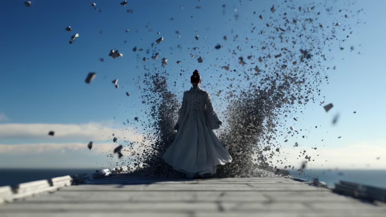 A solitary figure in a flowing white garment stands at the edge of a precipice, surrounded by a dramatic explosion of particles, embracing the vastness of the ocean and sky