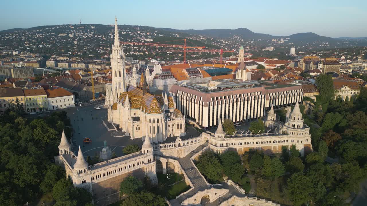 Amazing Aerial View of Fisherman's Bastion and Matthias Church in Budapest