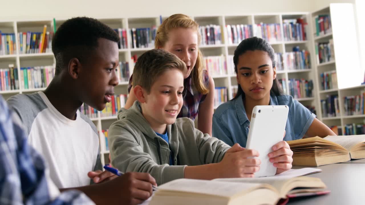 Schoolkids studying in library 4k