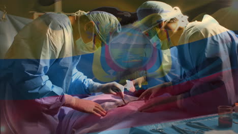 animation of flag of ecuador waving over surgeons in operating theatre