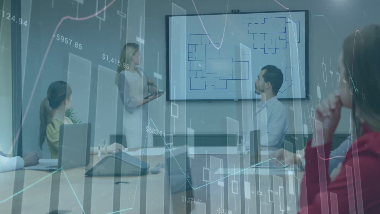 animación de múltiples gráficos con números cambiantes, diversos compañeros de trabajo discutiendo el plan en la pantalla