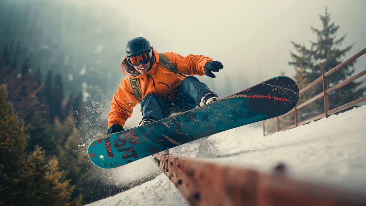 Snowboarder entering, crouching to gain speed on snowy slope, ollieing onto metal rail and sliding