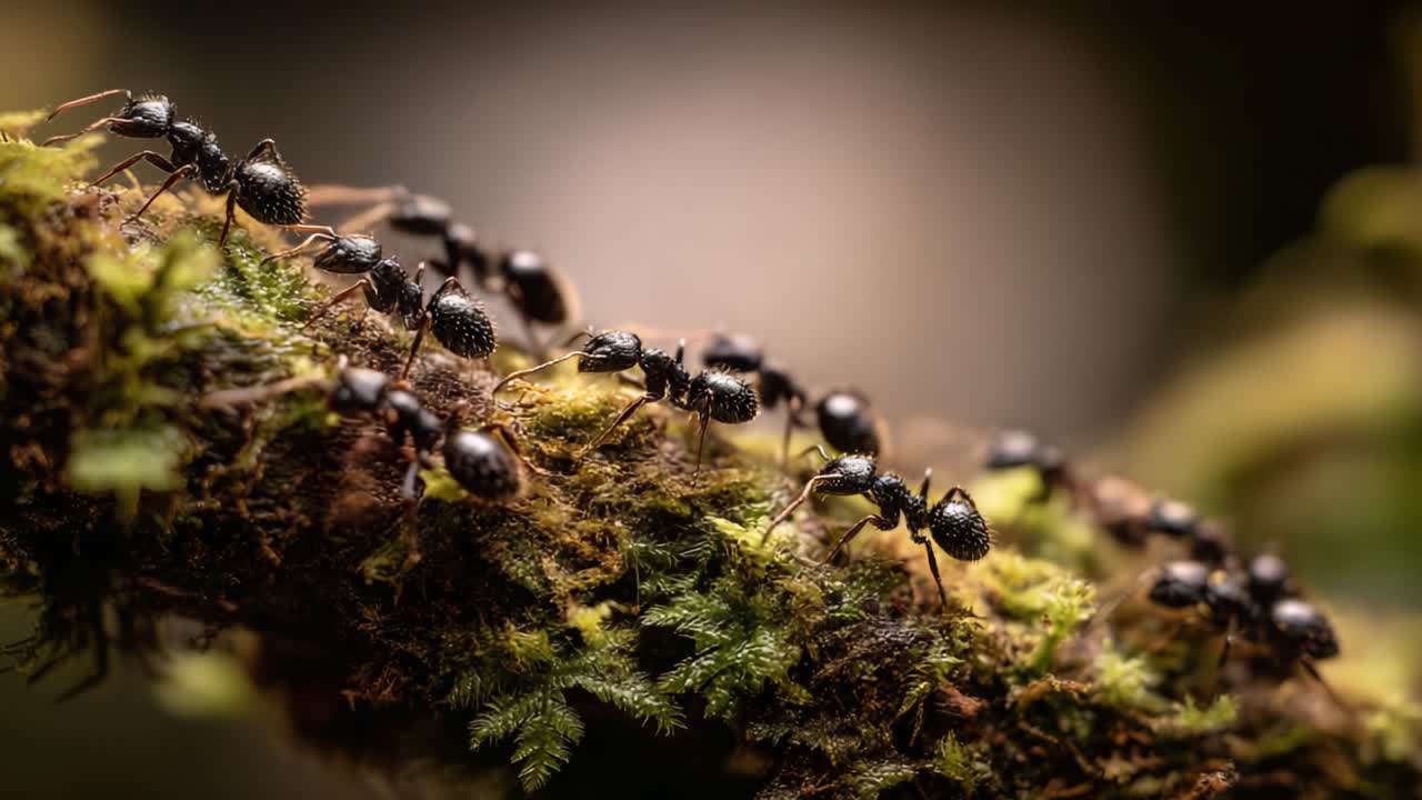 An Intricate Colony of Ants Marching in Formation across a Moss-Covered Branch, Displaying Fascinating Social Structures and Nature's Beauty
