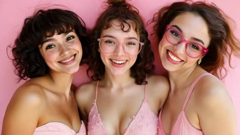 tres mujeres jóvenes en trajes rosados posando para una foto