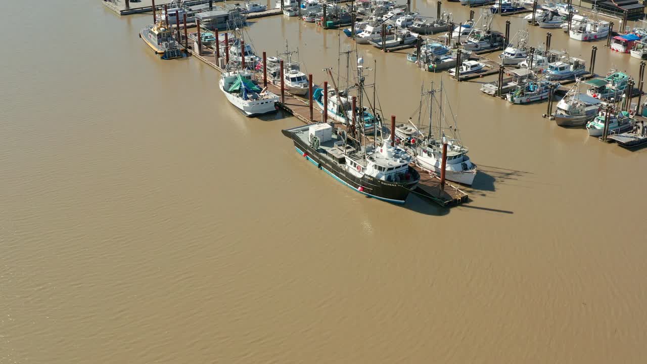 Aerial Orbital Shot of Boats and Ships Docked in Brown and Murky Waters