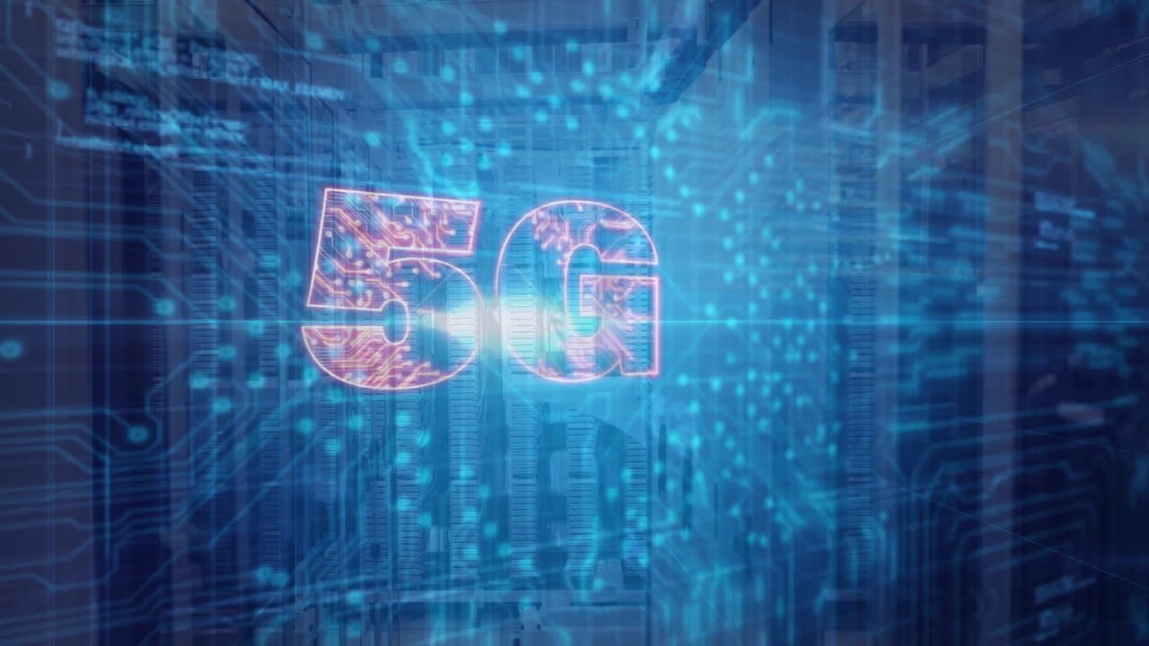 Digital data center with 5G technology text and blue futuristic animation design