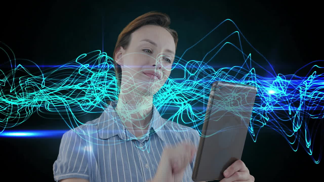 Using tablet, smiling person with digital animation overlay in school setting