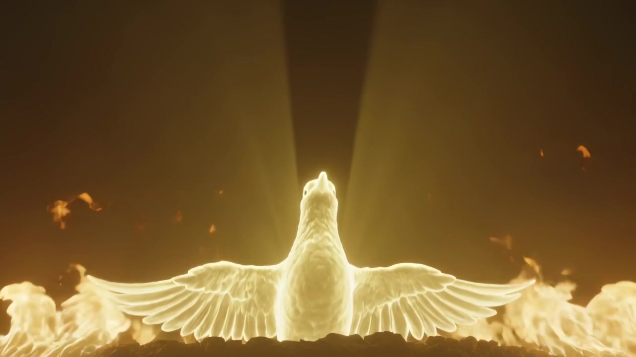 Glow appearing, birdlike light figure growing and spreading wings on stage, beams and flames rising