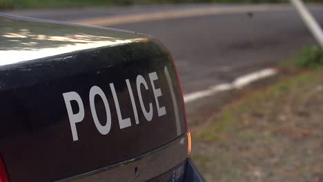 close up of police written on police car trunk with lights on