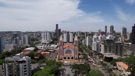 aerial takes of the center of chapecó santa catarina, passing by the cathedral santo antonio