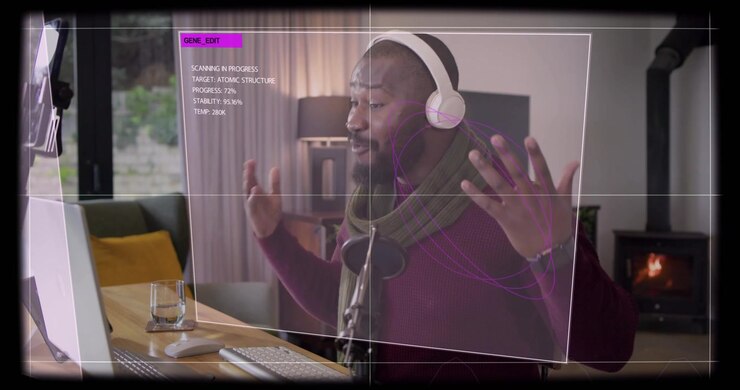 Male podcaster tapping tablet while speaking into microphone, updating HUD for live stream