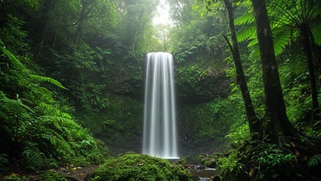 a serene waterfall surrounded by lush greenery in a tranquil forest setting with a misty atmosphere capturing nature's beauty and freshness