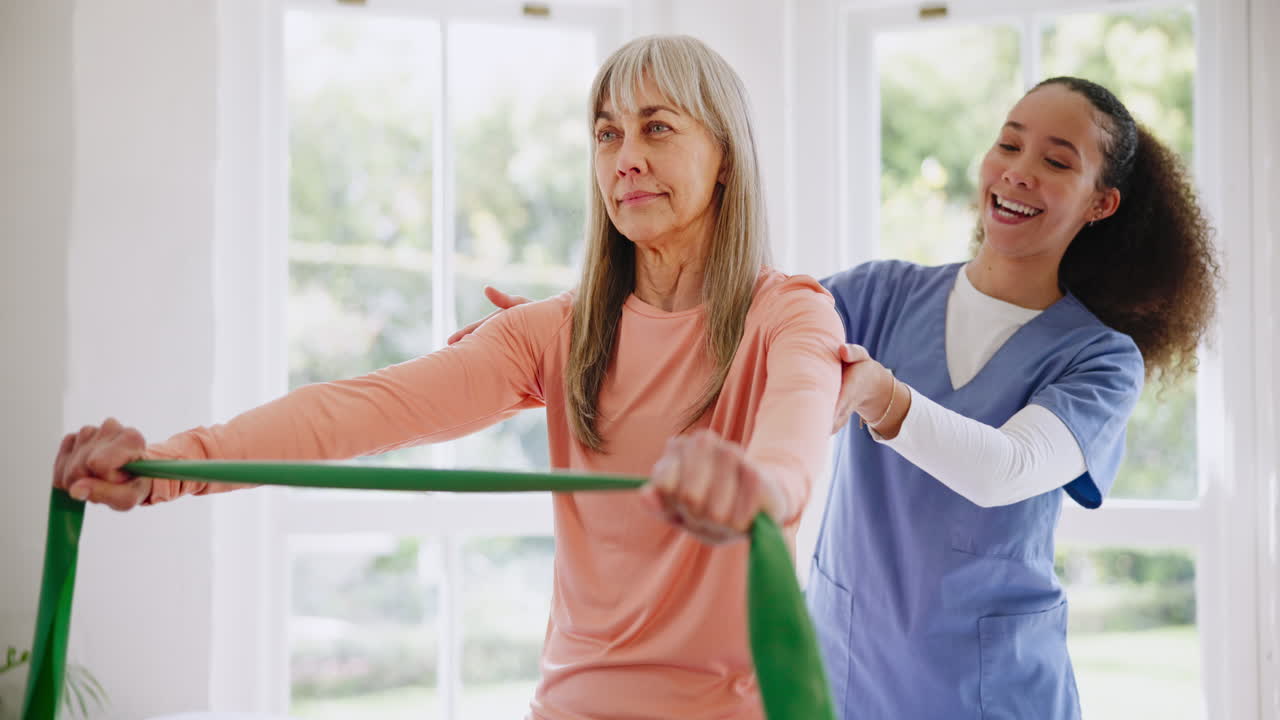 Senior, woman and stretching band for physical