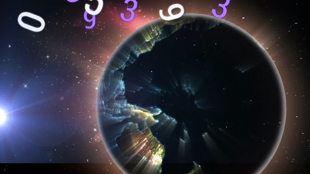 Animazione di numeri che cambiano e un globo che gira su una luce luminosa sullo sfondo