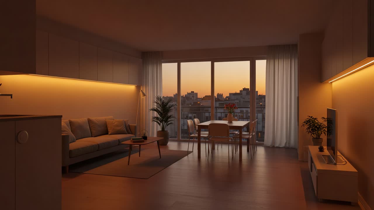 A Serene Evening in a Modern Apartment: Soft Lighting, Cozy Furnishings, and an Urban Sunset Create a Peaceful Atmosphere of Relaxation and Comfort