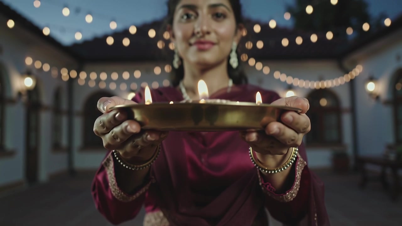 Offering maroon-clad woman with henna holding brass thali with diyas in courtyard at dusk, praying