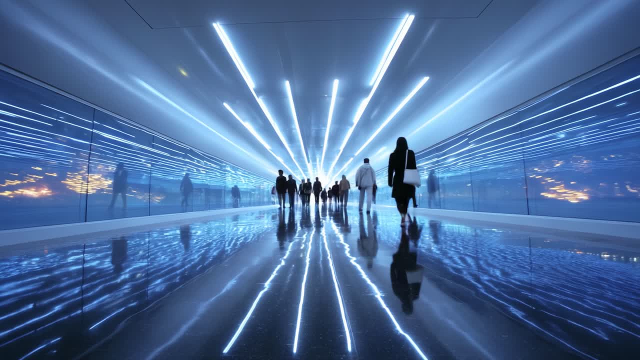 A mesmerizing corridor illuminated by radiant blue lights, showcasing silhouettes of people walking through a vibrant, reflective space, creating a captivating visual experience of modern architecture and movement