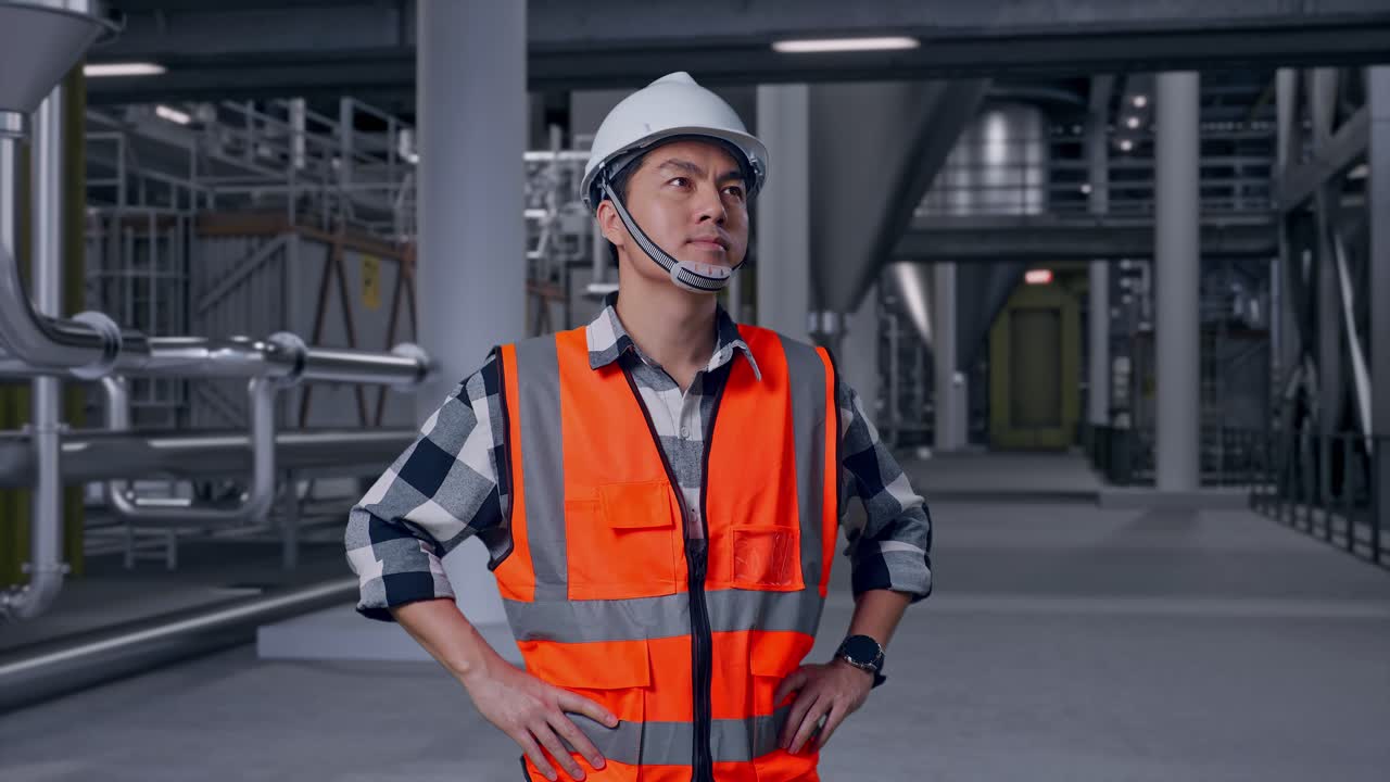 Ingegnere asiatico con casco di sicurezza che si guarda intorno, in piedi con le mani sui fianchi, all'interno di una distilleria con serbatoi di fermentazione.
