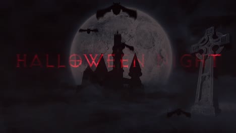 Animation-Der-Halloween-Nacht-Und-Fledermäuse-über-Vollmond-Auf-Schwarzem-Hintergrund