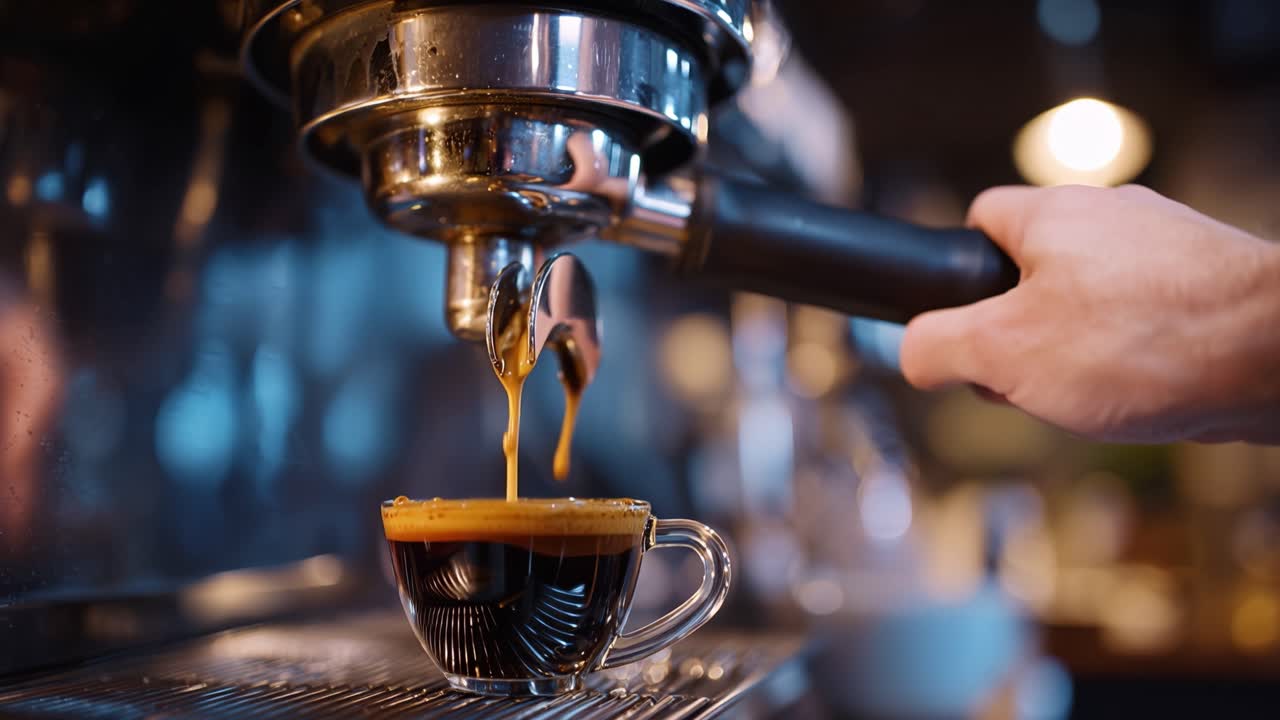 Steamy espresso drips into a clear glass cup. The machine hums, steady, focused. Warm light glows softly in the background. The drink's rich color suggests bold flavor