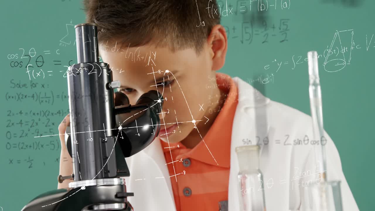 현미경 4k를 연구하는 작은 소년