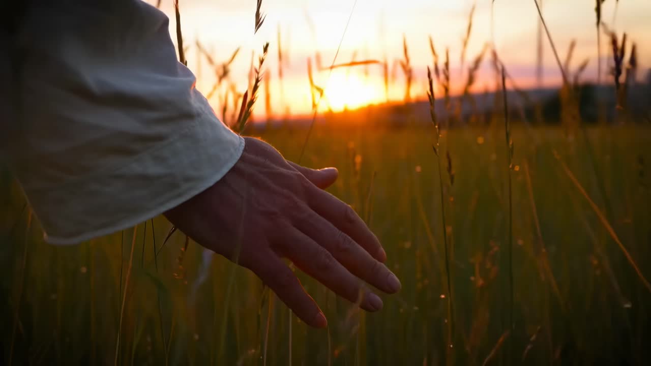 Vídeo en primer plano de una mano acariciando la hierba alta al atardecer, capturando un momento sereno y natural