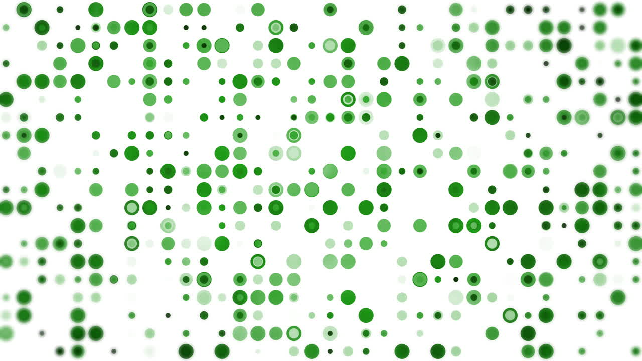 Abstract composition of green circles and dots of varying sizes and transparency arranged in a grid. Loop animation. Green circular dots pattern on white background