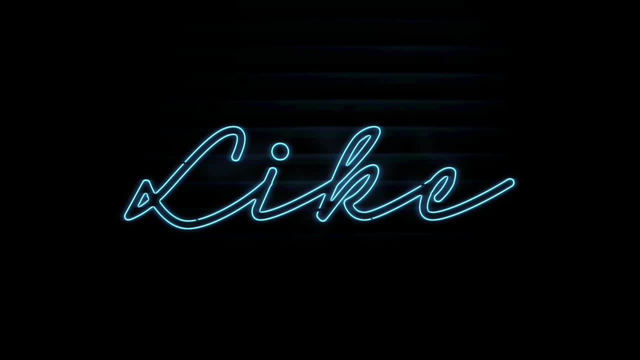 Animazione di testo al neon blu, mi piace, su sfondo nero