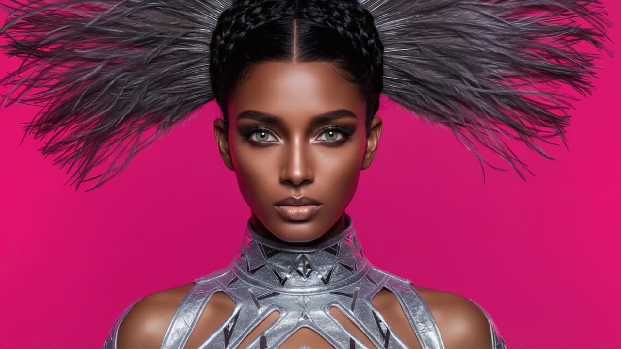 Striking Beauty and Bold Style: A Stunning Portrait with Dramatic Feathered Hair Against a Vibrant Pink Background Highlighting Unique Fashion and Makeup Techniques