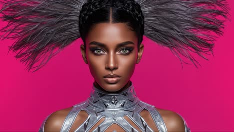 striking beauty and bold style: a stunning portrait with dramatic feathered hair against a vibrant pink background highlighting unique fashion and makeup techniques