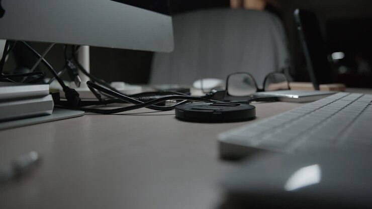 Spinning camera lens cap with cables and computer background