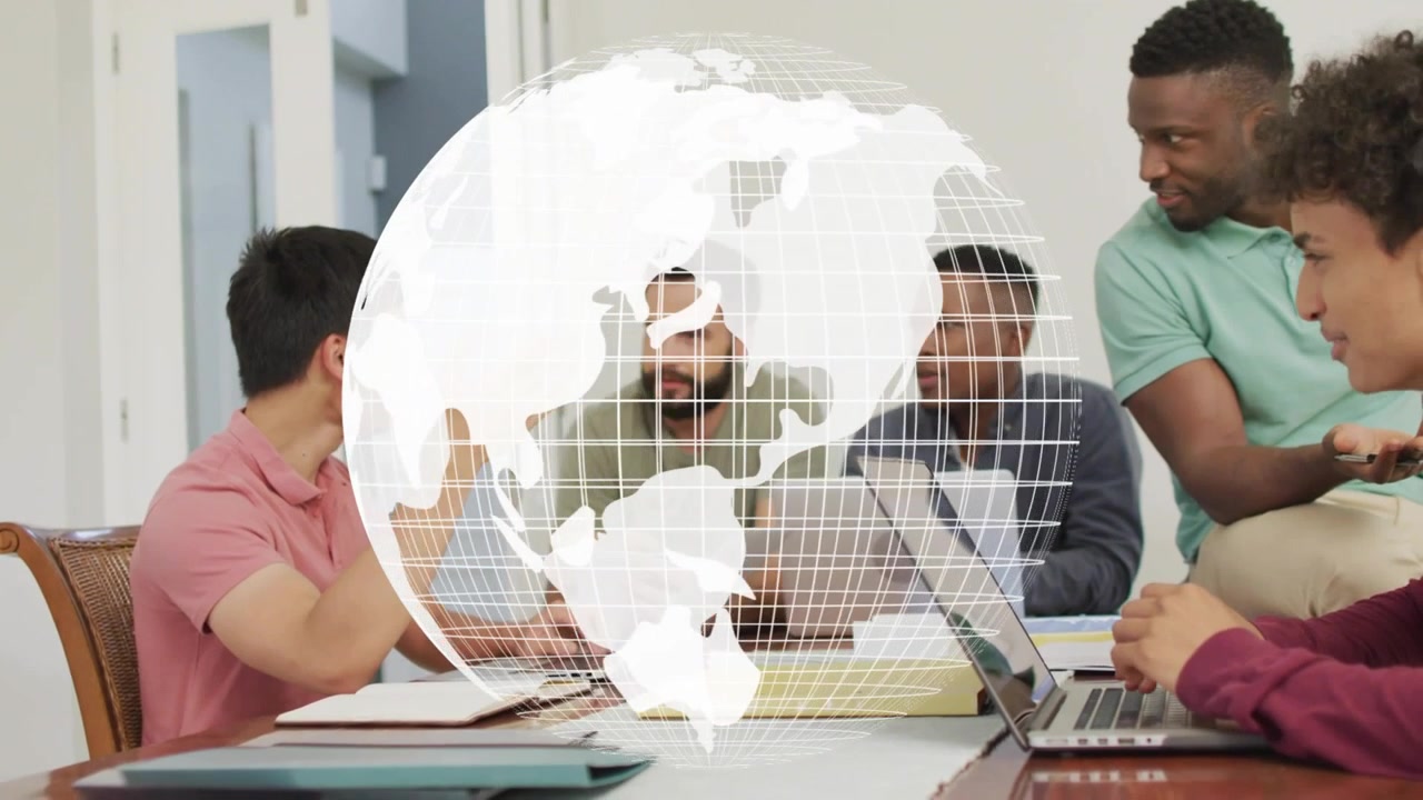 Wireframe globe animating and shifting aside, revealing colleagues discussing in business meeting