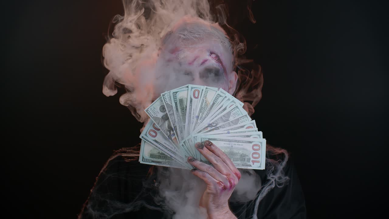 Scary sinister Halloween zombie wounded undead man with money dollar cash banknotes smiles terribly