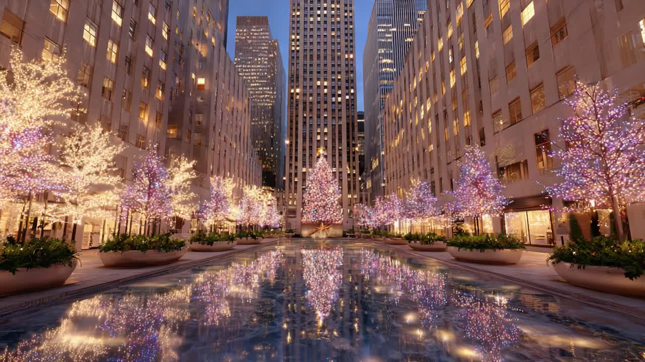 A Stunning Nighttime Scene Featuring Majestic Holiday Lights Reflected in the Water of a City Plaza, Surrounded by Beautifully Decorated Trees and Urban Architecture