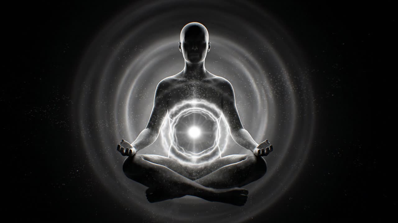 Figura umana in meditazione che irradia una luce circolare brillante dal busto mentre levita in uno spazio buio.