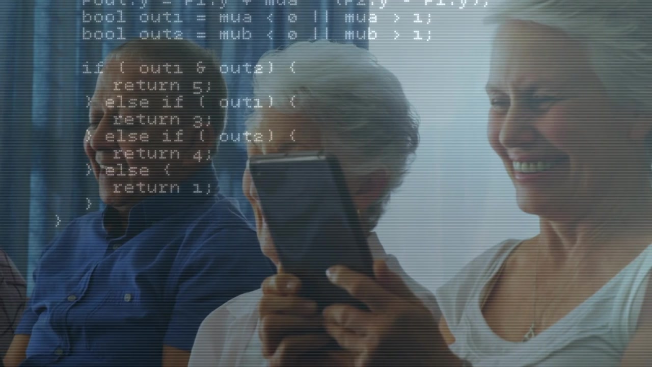 Animazione di elaborazione dati su persone anziane con tablet