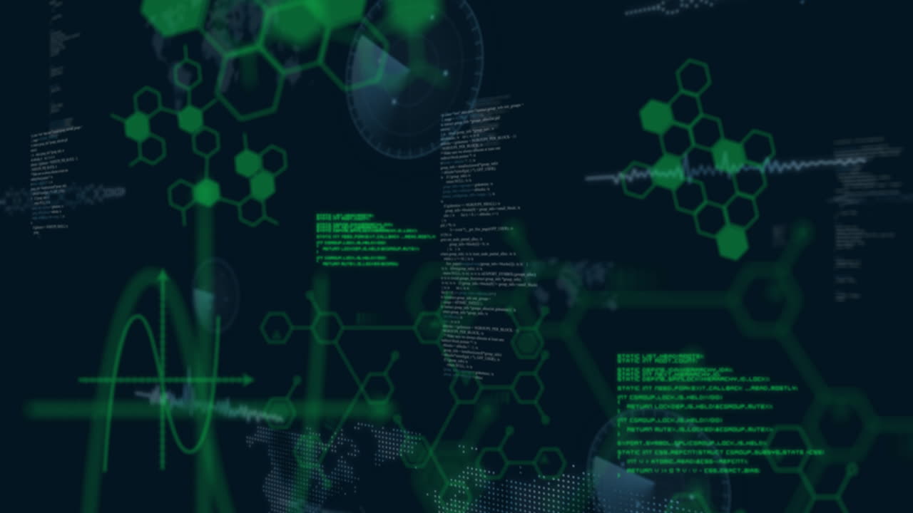 Digital animation with green hexagonal patterns over dark technological background