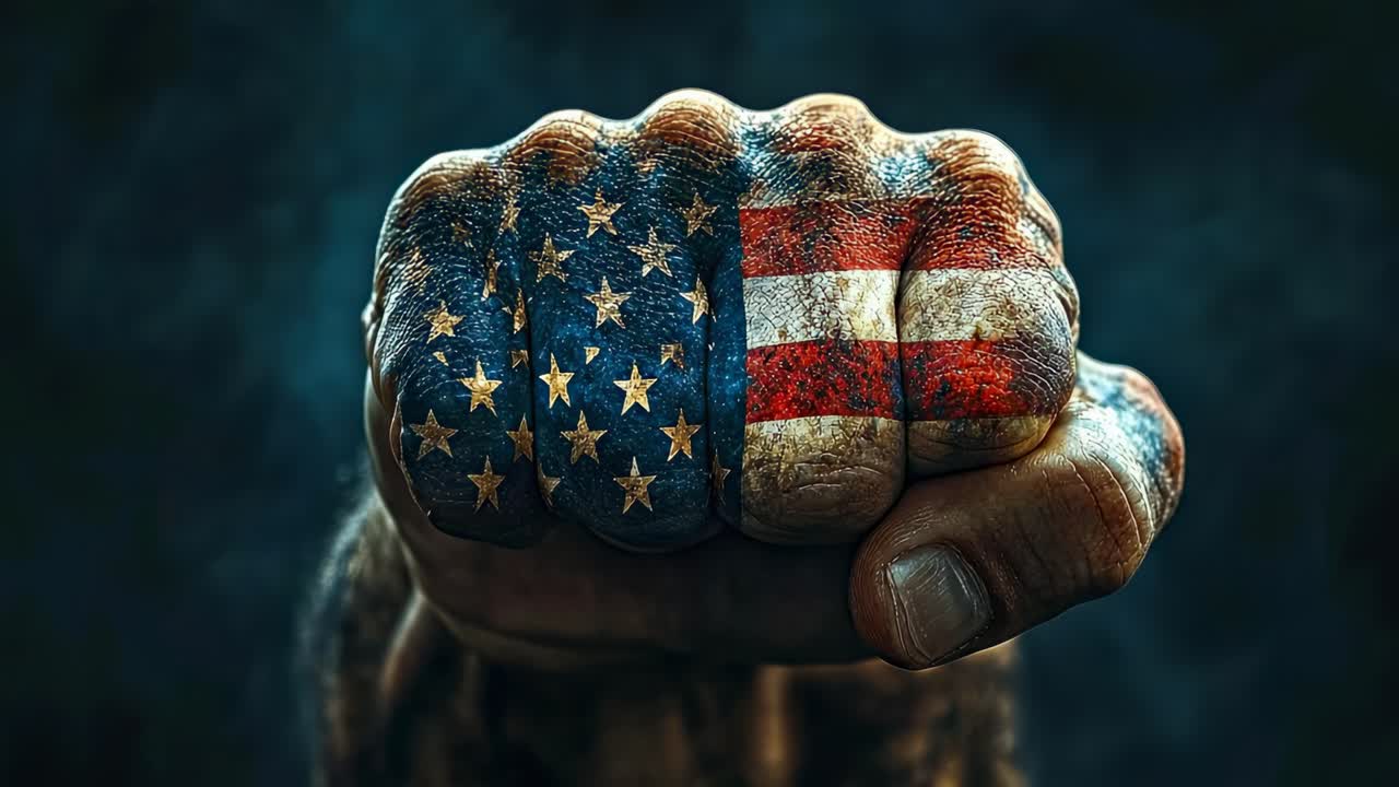 Un pugno nella bandiera simboleggia la forza. Un pugno forte mostra il design della bandiera americana sulla sua superficie. L'immagine rappresenta potere e unità in modo significativo