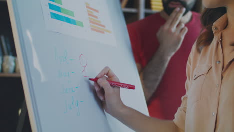 Close-up-of-female-worker-hand-writing-marketing-plan-on-white-board