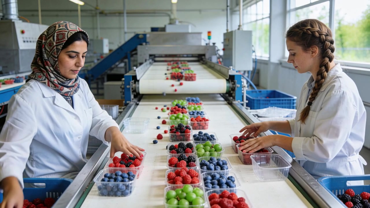 Sorting two women in white lab coats filling clamshells at packing line, conveyor starting flow