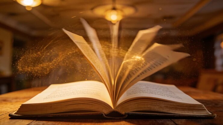 Lifting pages of hardback book on wood table, unseen force starting motion and tracing golden dust