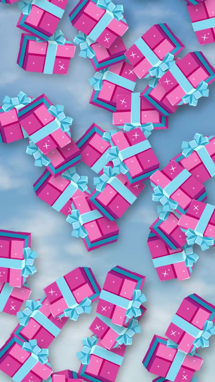 Scatole regalo rosa animate in 3D che cadono continuamente su uno sfondo di cielo blu soleggiato