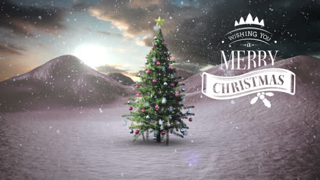 Animation-of-christmas-greetings-over-winter-landscape-background-with-christmas-tree