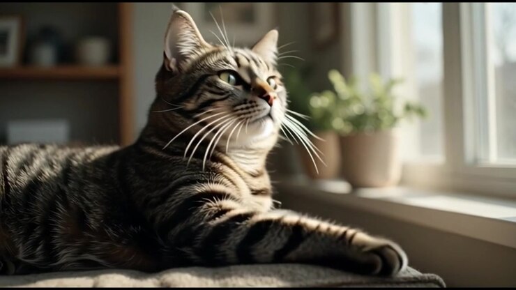 Tabby Cat Resting on a Cushion by a Sunny Window