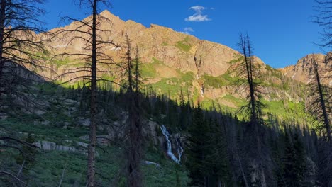 Morning-waterfalls-Chicago-Basin-Colorado-Silverton-camping-San-Juan-Range-Needle-Creek-Trail-Rocky-Mountains-Mount-Eulos-summer-fourteener-Sunlight-Windom-Peak-Silverton-July-blue-sky-pan-right