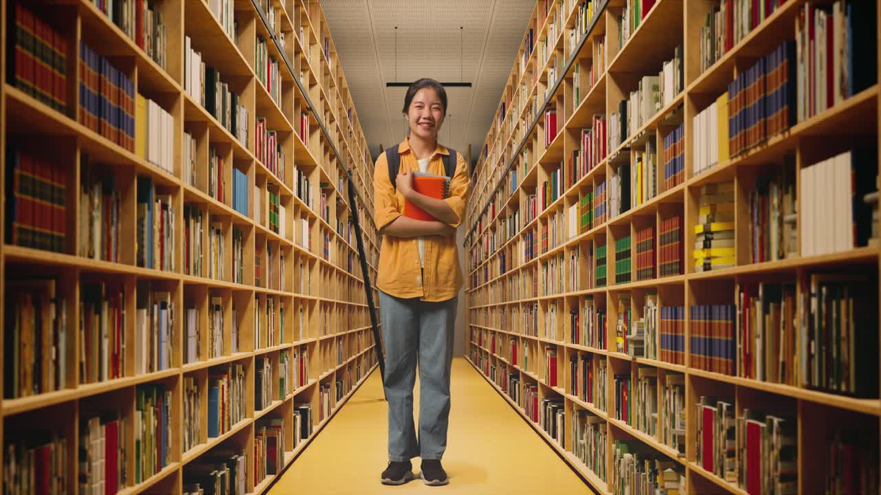 cuerpo lleno de estudiante mujer asiática con una mochila sosteniendo algunos libros y sonriendo a la cámara mientras estaba de pie en la biblioteca