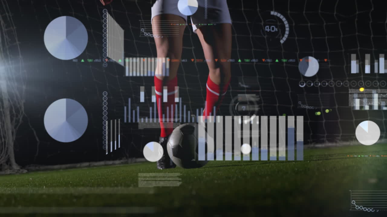 축구를 연습하는 백인 선수의 낮은 섹션에 대한 그래프와 프로그래밍 언어의 애니메이션