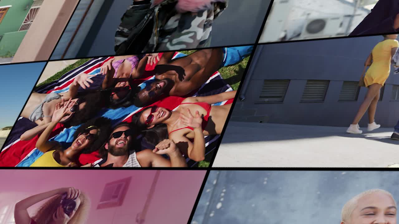 Collage of people sunbathing, skateboarding and taking pictures