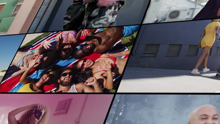 Collage of people sunbathing, skateboarding and taking pictures